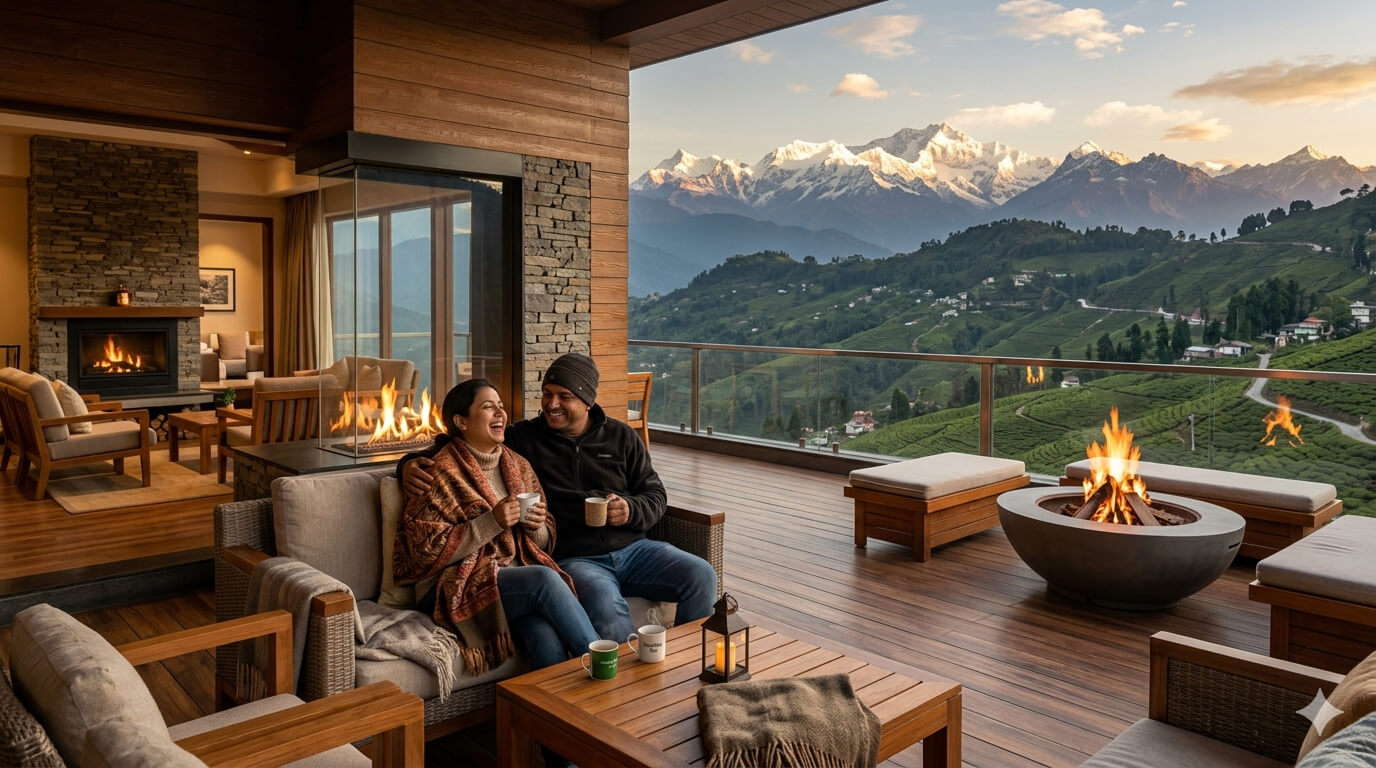Outdoor luxury seating and scenic mountain views at Humro Villa Darjeeling
